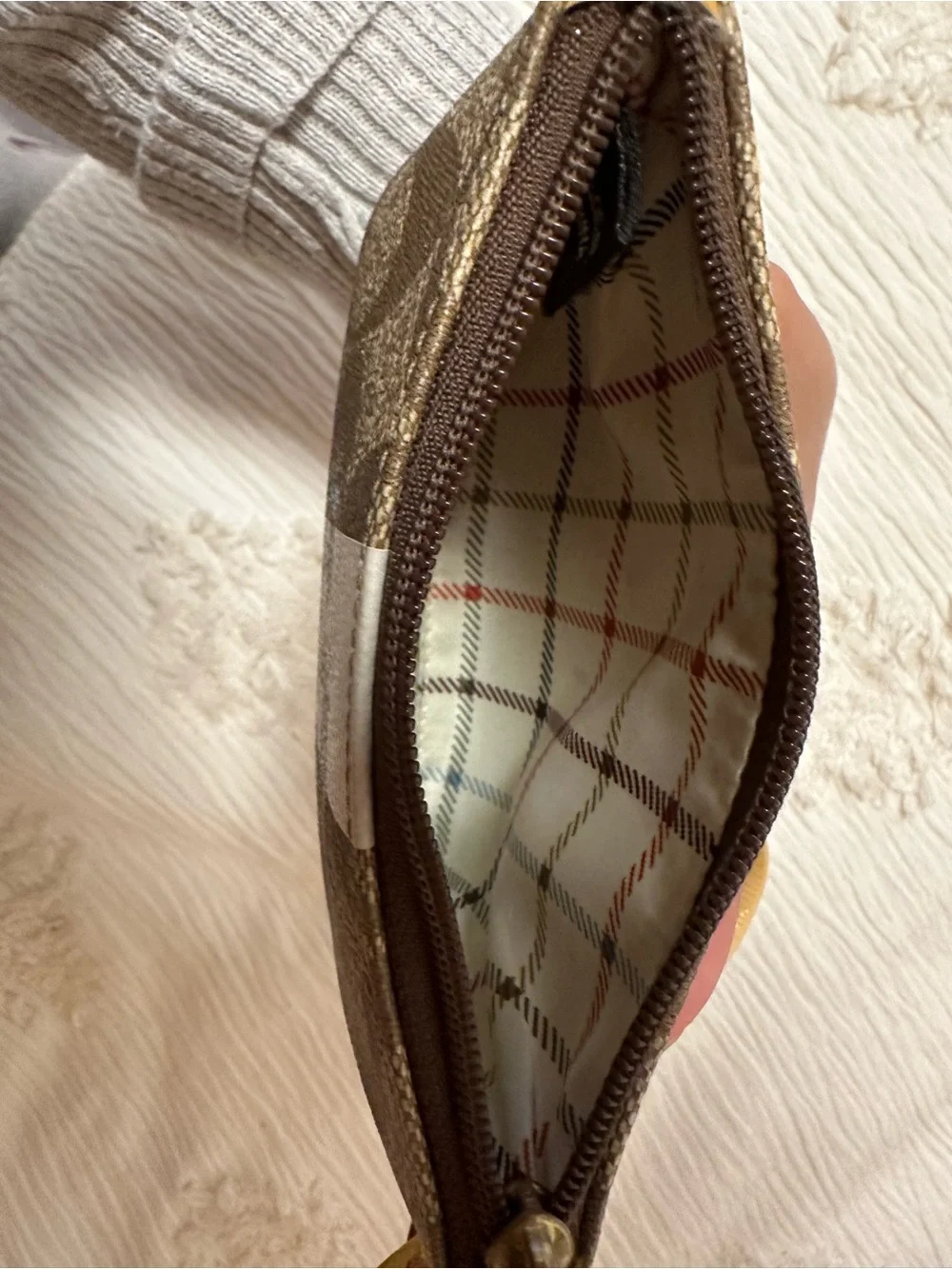 Coach Signature Stripe Zip Wristlet in Brown and Cream with Yellow Trim